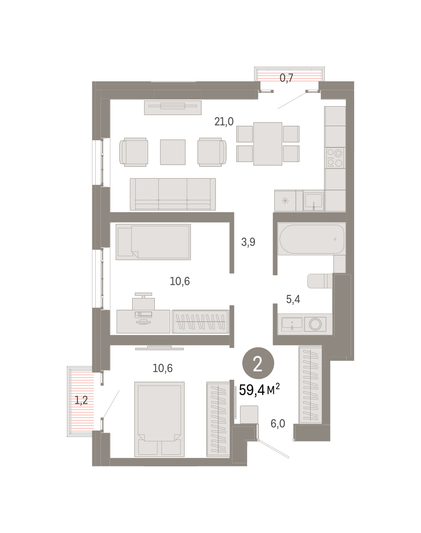 Продажа 2-комнатной квартиры 59,4 м², 28/31 этаж