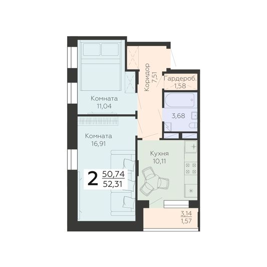 Продажа 2-комнатной квартиры 52,3 м², 3/24 этаж