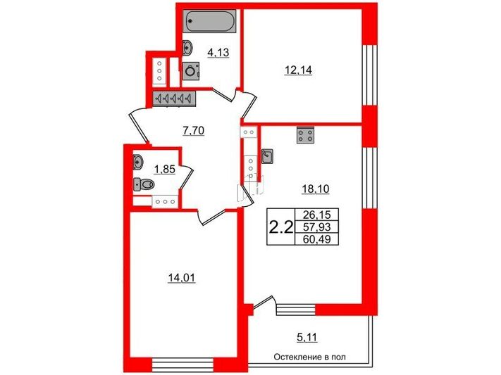 Продажа 2-комнатной квартиры 57,9 м², 6/12 этаж