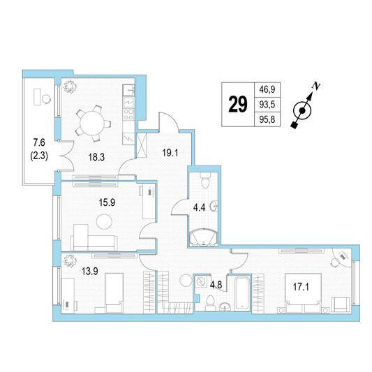Продажа 3-комнатной квартиры 95,8 м², 2/4 этаж