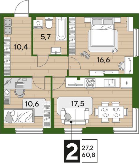 Продажа 2-комнатной квартиры 60,8 м², 2/16 этаж