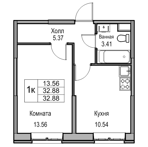 Продажа 1-комнатной квартиры 32,9 м², 2/22 этаж