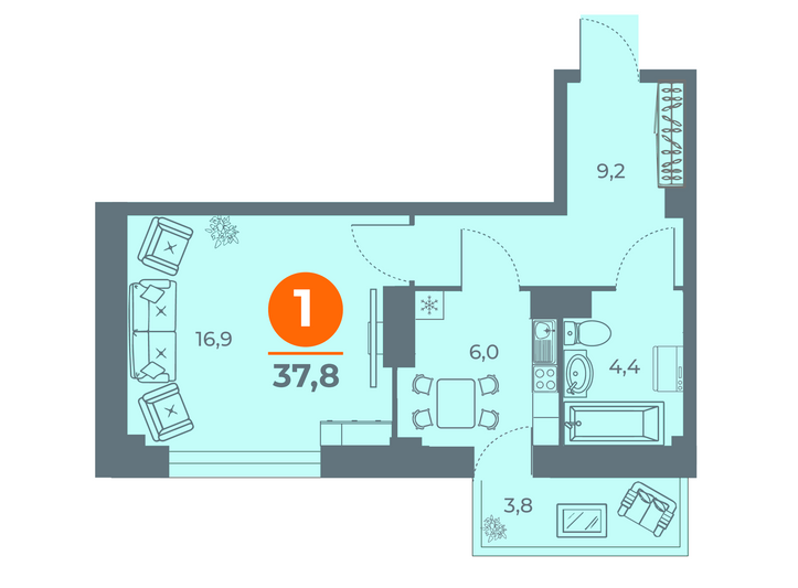 Продажа 1-комнатной квартиры 38,2 м², 16/19 этаж