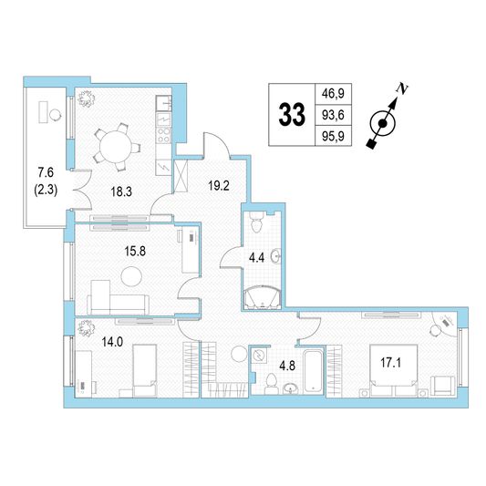 Продажа 3-комнатной квартиры 95,9 м², 3/4 этаж