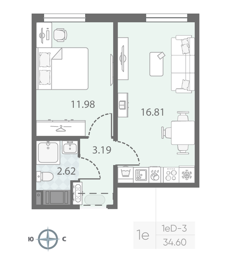 Продажа 1-комнатной квартиры 34,6 м², 18/23 этаж