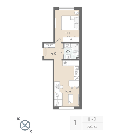 Продажа 1-комнатной квартиры 34,4 м², 1/22 этаж