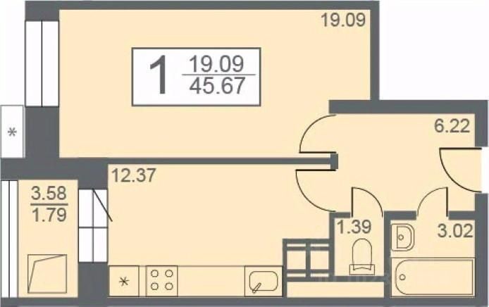 Продажа 1-комнатной квартиры 45,7 м², 14/24 этаж