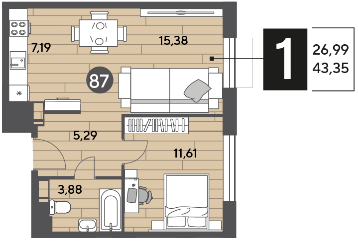 Продажа 1-комнатной квартиры 43,3 м², 3/10 этаж