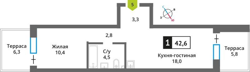 Продажа 1-комнатной квартиры 42,6 м², 1/6 этаж