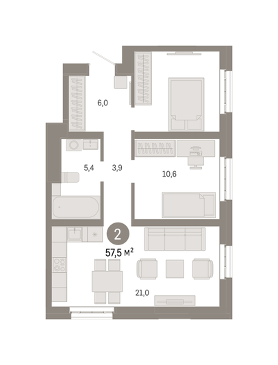 Продажа 2-комнатной квартиры 57,5 м², 13/31 этаж
