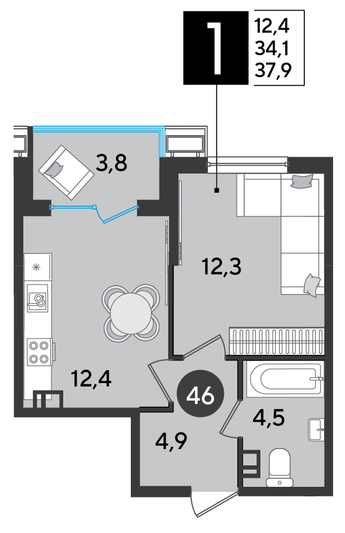 Продажа 1-комнатной квартиры 37,9 м², 8/16 этаж