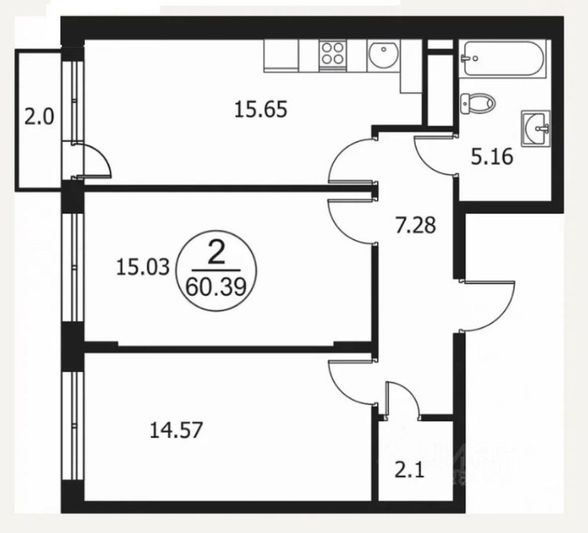 Продажа 2-комнатной квартиры 60 м², 3/4 этаж