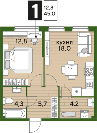 Продажа 1-комнатной квартиры 45 м², 2/19 этаж