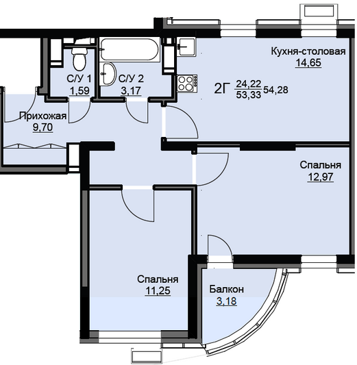 Продажа 2-комнатной квартиры 54,3 м², 11/17 этаж