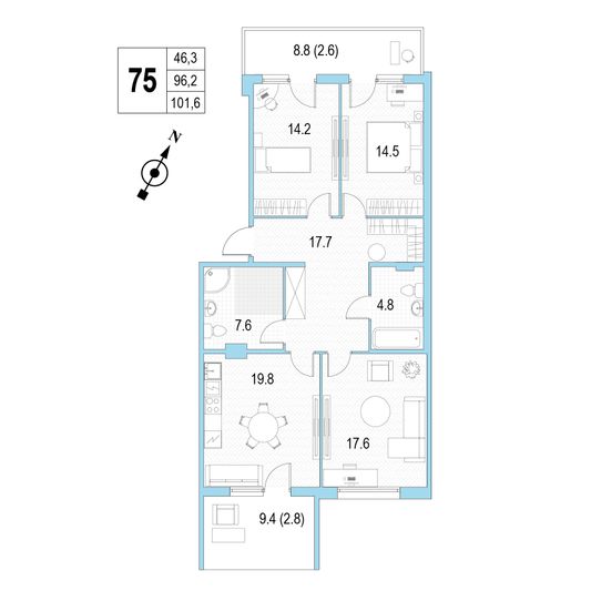 Продажа 3-комнатной квартиры 101,6 м², 3/4 этаж