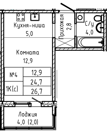 Продажа 1-комнатной квартиры 26,7 м², 1/17 этаж