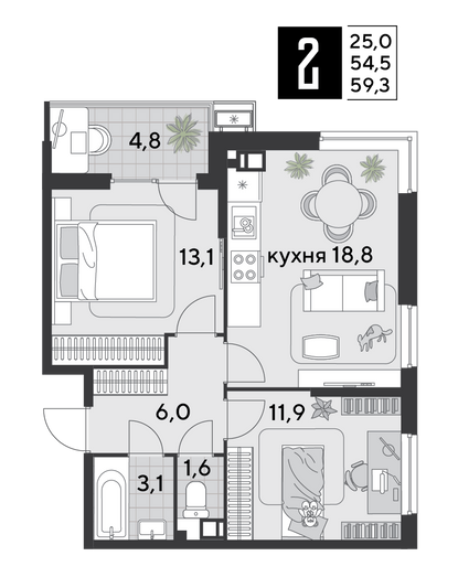 Продажа 2-комнатной квартиры 59,3 м², 8/18 этаж