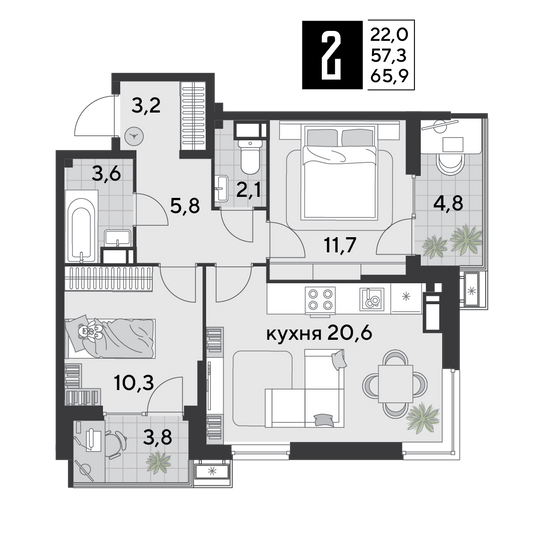 Продажа 2-комнатной квартиры 65,9 м², 11/18 этаж