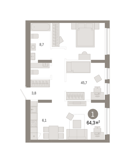Продажа 1-комнатной квартиры 64,3 м², 4/9 этаж