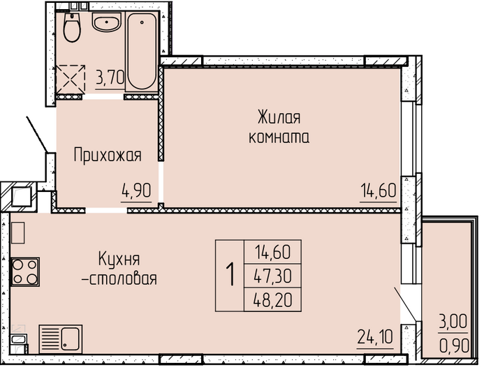 Продажа 1-комнатной квартиры 48,7 м², 2/4 этаж