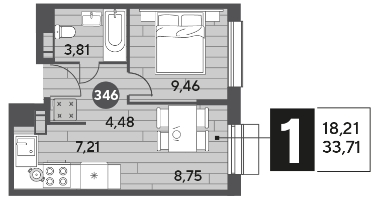 Продажа 1-комнатной квартиры 33,7 м², 12/15 этаж