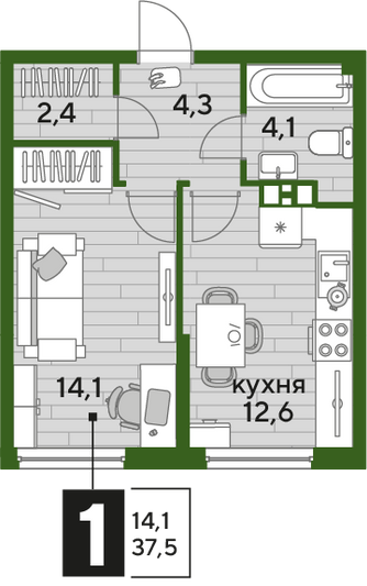 Продажа 1-комнатной квартиры 37,5 м², 6/16 этаж