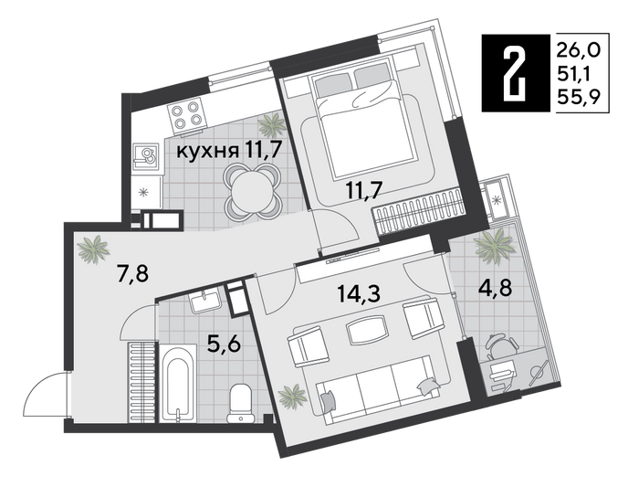 Продажа 2-комнатной квартиры 55,9 м², 10/18 этаж