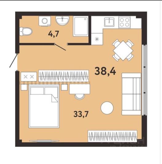 Продажа 1-комнатной квартиры 38,4 м², 3/7 этаж