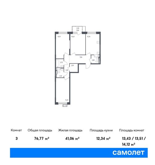 Продажа 3-комнатной квартиры 76,8 м², 4/17 этаж