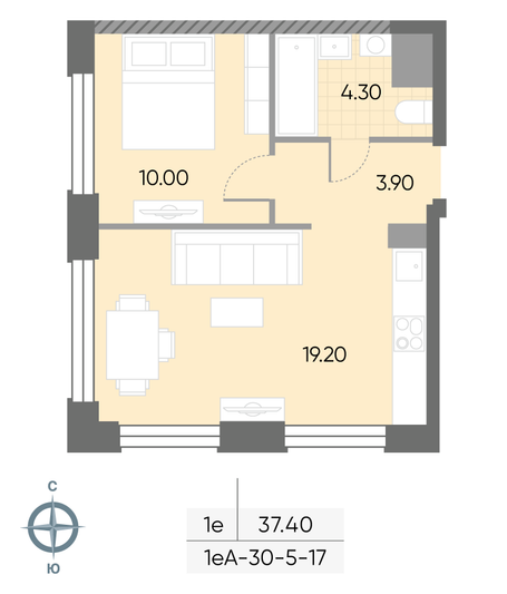 Продажа 1-комнатной квартиры 37,4 м², 6/30 этаж