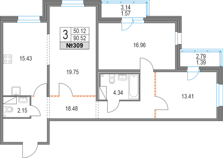 Продажа 3-комнатной квартиры 90,5 м², 6/19 этаж