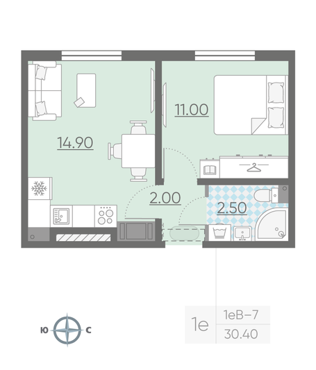 Продажа 1-комнатной квартиры 30,4 м², 6/11 этаж