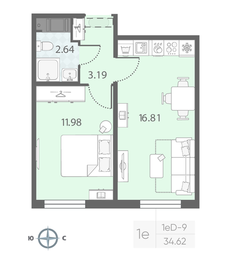 Продажа 1-комнатной квартиры 34,6 м², 21/23 этаж