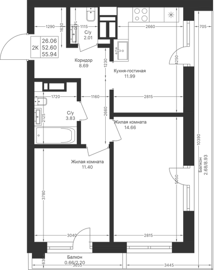 Продажа 2-комнатной квартиры 55,9 м², 2/10 этаж