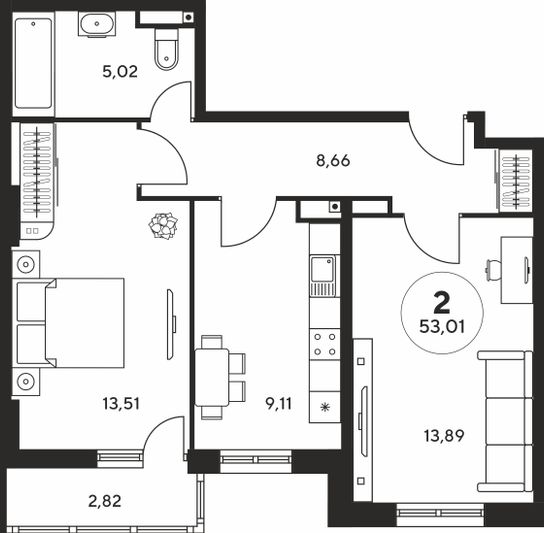 Продажа 2-комнатной квартиры 53 м², 3 этаж