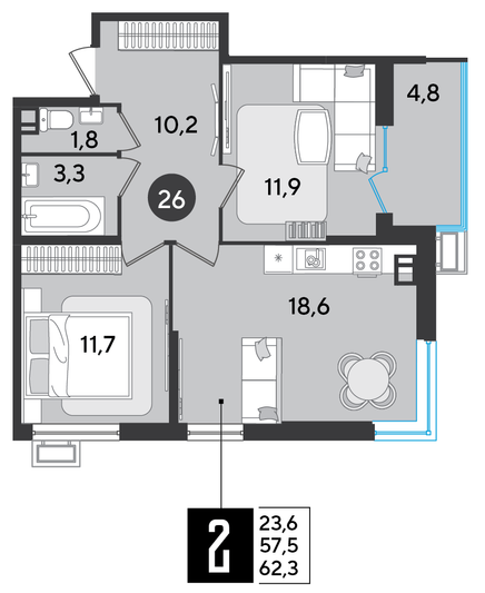 Продажа 2-комнатной квартиры 62,3 м², 6/9 этаж