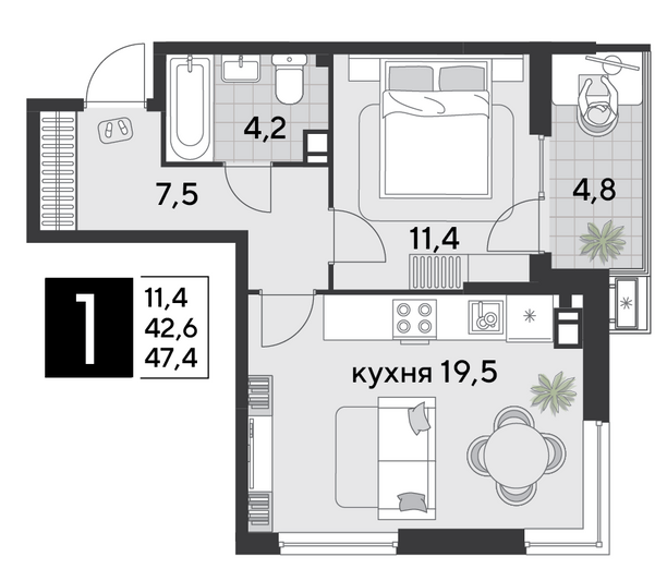 Продажа 1-комнатной квартиры 47,4 м², 6/9 этаж