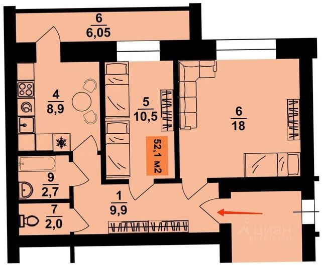 Продажа 2-комнатной квартиры 52,1 м², 2/4 этаж