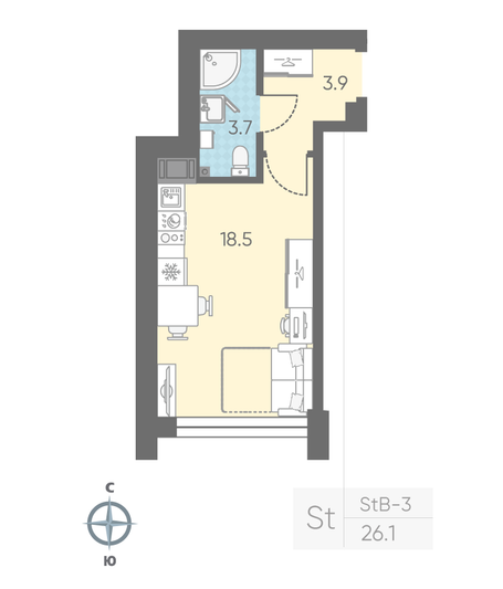 Продажа квартиры-студии 26,1 м², 3/11 этаж