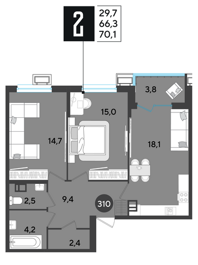 Продажа 2-комнатной квартиры 70,1 м², 3/9 этаж