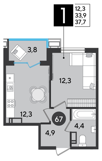 Продажа 1-комнатной квартиры 37,7 м², 11/16 этаж