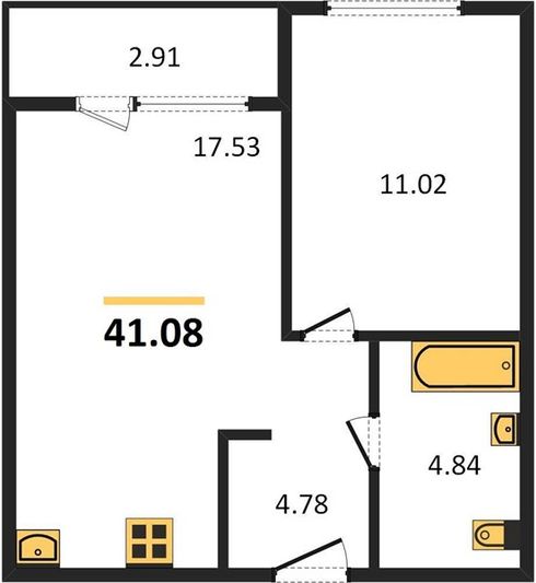 Продажа 1-комнатной квартиры 41,1 м², 2/26 этаж