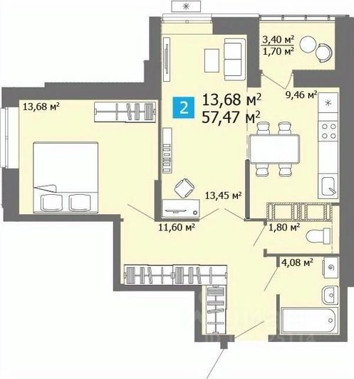 Продажа 2-комнатной квартиры 57,5 м², 6/17 этаж