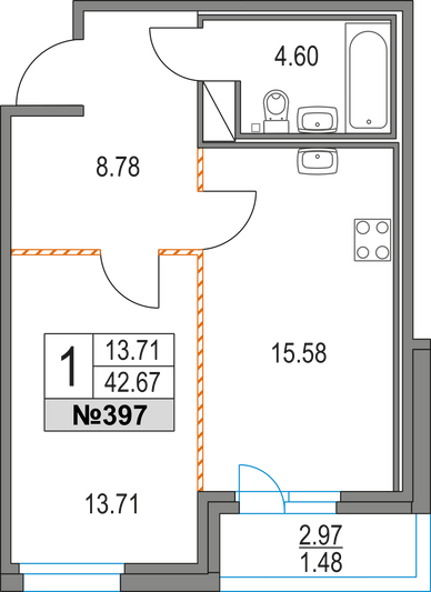 Продажа 1-комнатной квартиры 42,7 м², 6/16 этаж