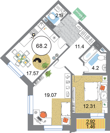 Продажа 2-комнатной квартиры 68,2 м², 3/12 этаж