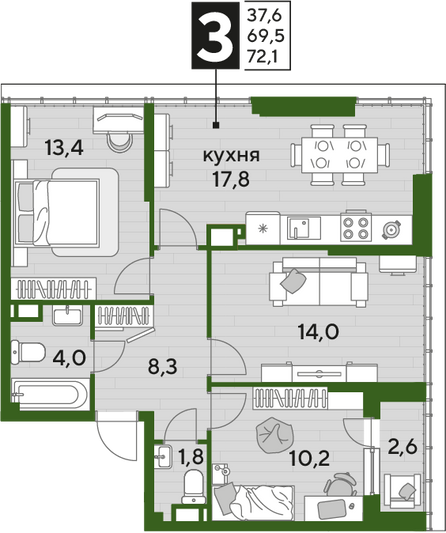 Продажа 3-комнатной квартиры 72,1 м², 19/19 этаж