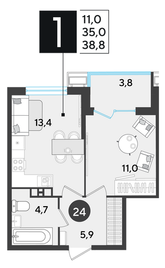 Продажа 1-комнатной квартиры 38,8 м², 4/18 этаж
