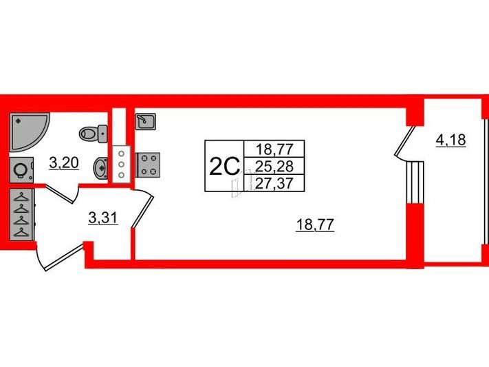 Продажа квартиры-студии 25,3 м², 14/17 этаж