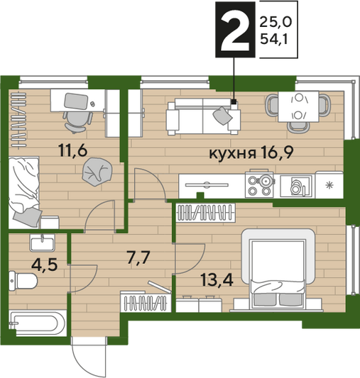 Продажа 2-комнатной квартиры 54,1 м², 2/16 этаж