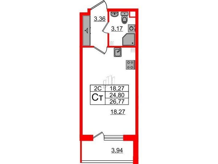 Продажа квартиры-студии 24,8 м², 3/5 этаж